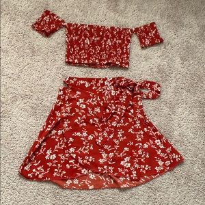 Two Piece Skirt & Top Set - Beach, Vacation, Floral - Red/White - SHEIN Medium